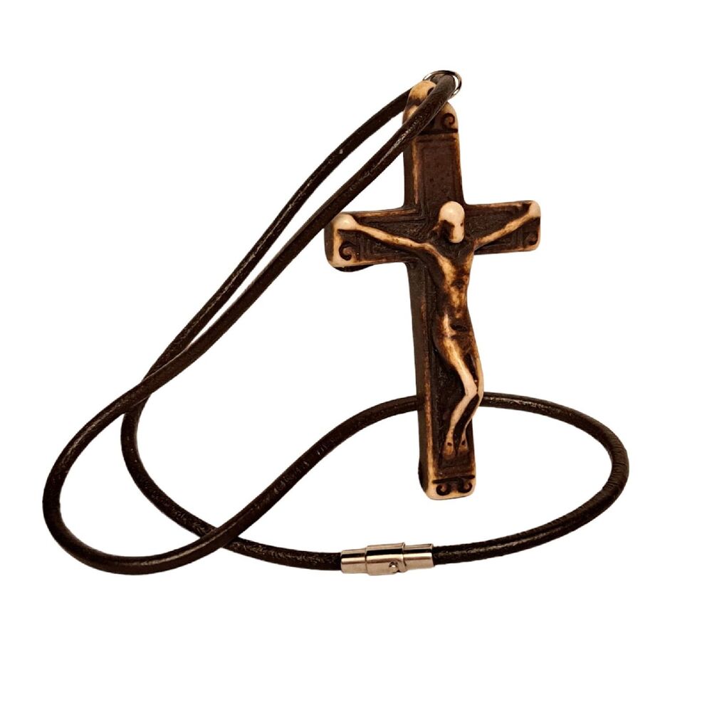 Leather Cord Cross Pendant Brown White Lightweight 3 Inch Religious